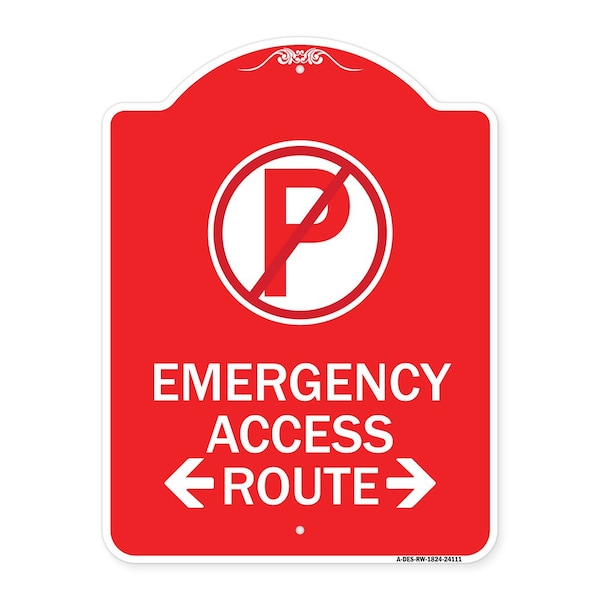 Emergency Access Route W/ Bidirectional Arrow, Red & White Aluminum Sign, 18" x 24", RW-1824-24111